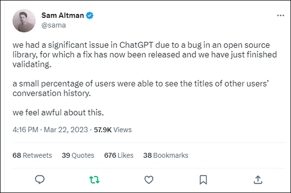 CEO của OpenAI công bố về rò rỉ dữ liệu của ChatGPT trên Twitter