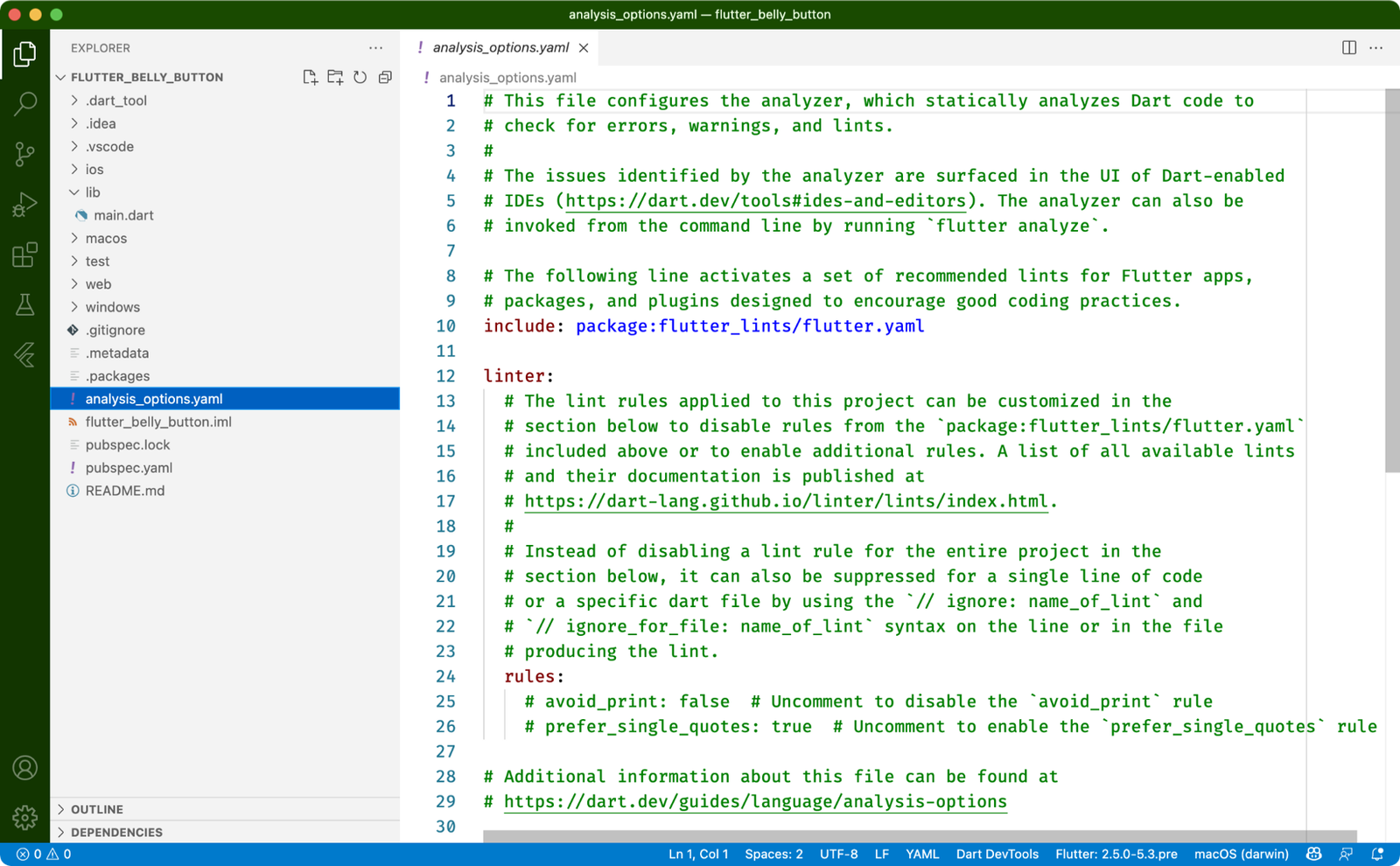`flutter create` comes out of the box with an analysis_options.yaml file pre-populated with recommended Flutter lints