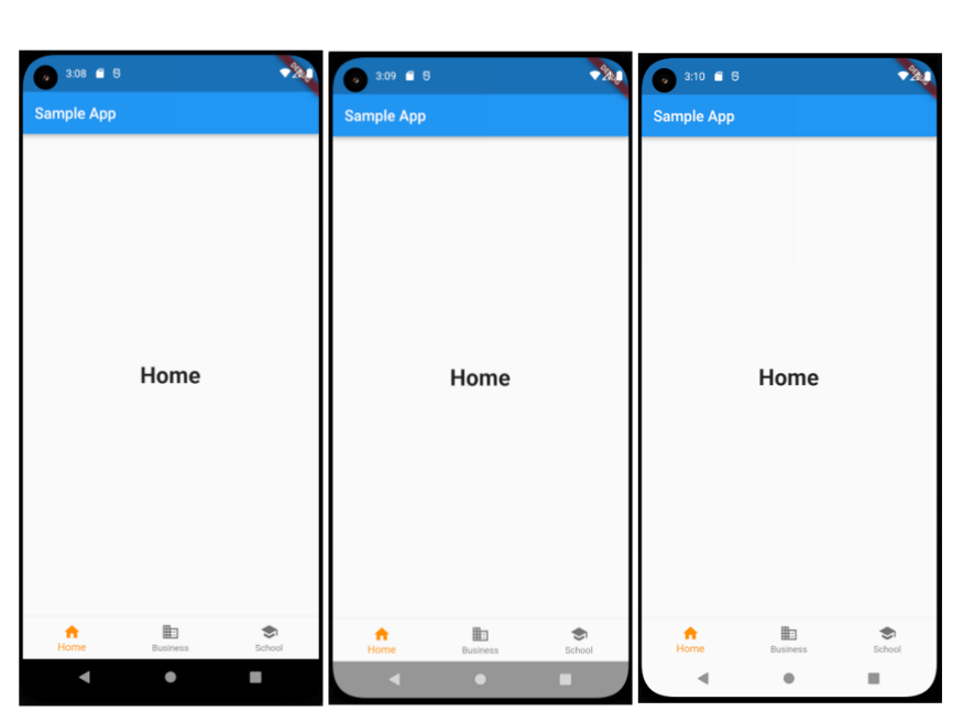 New Android edge-to-edge mode: normal mode (left), Edge to Edge mode (center), Edge to Edge with a custom SystemUIOverlayStyle (right)