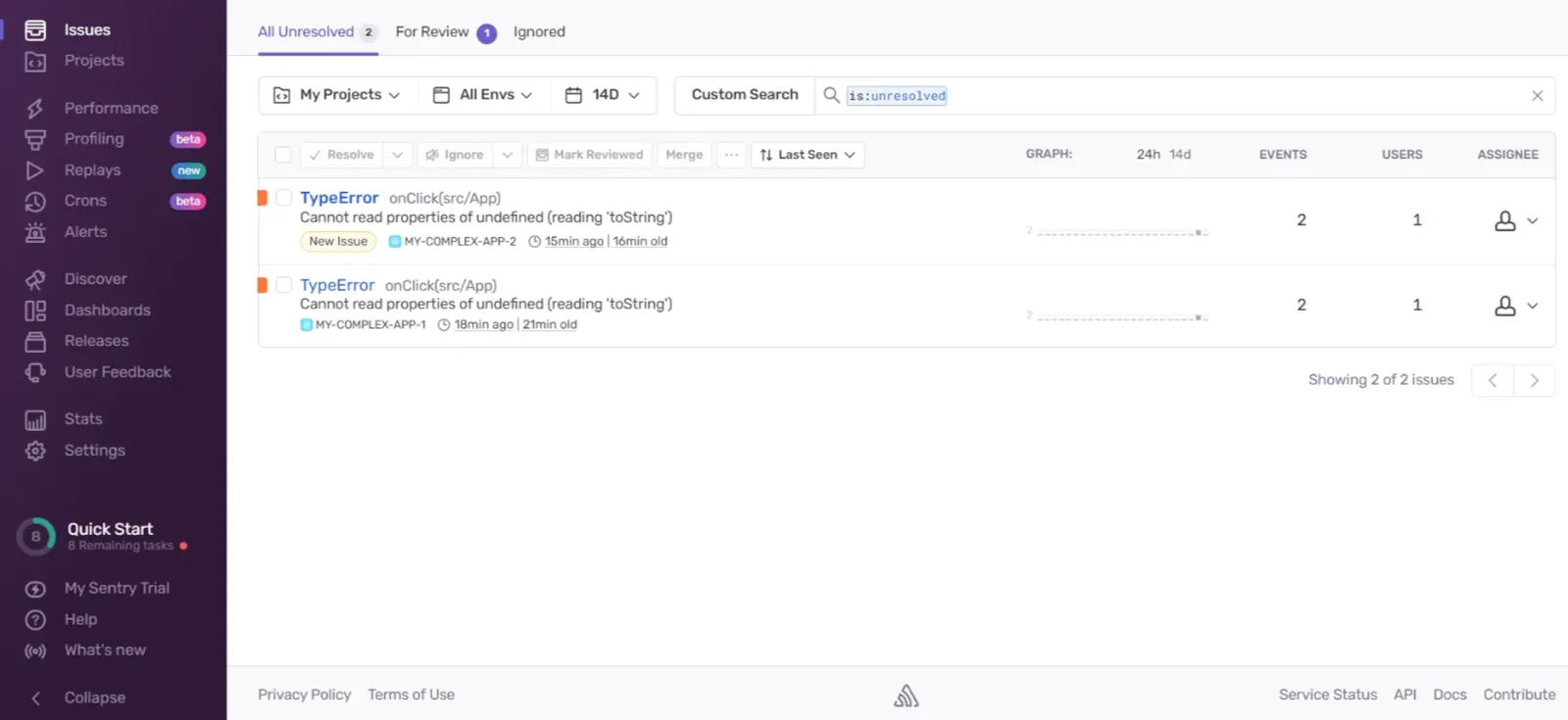 Issues tab in sentry dashboard