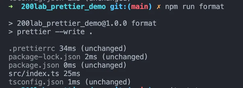 npm run format with prettier