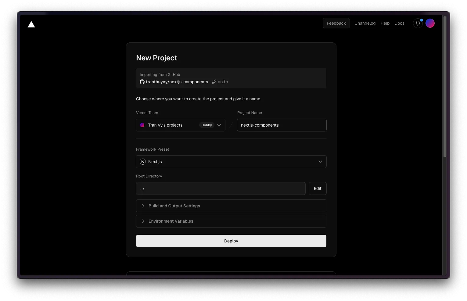 add new project in vercel